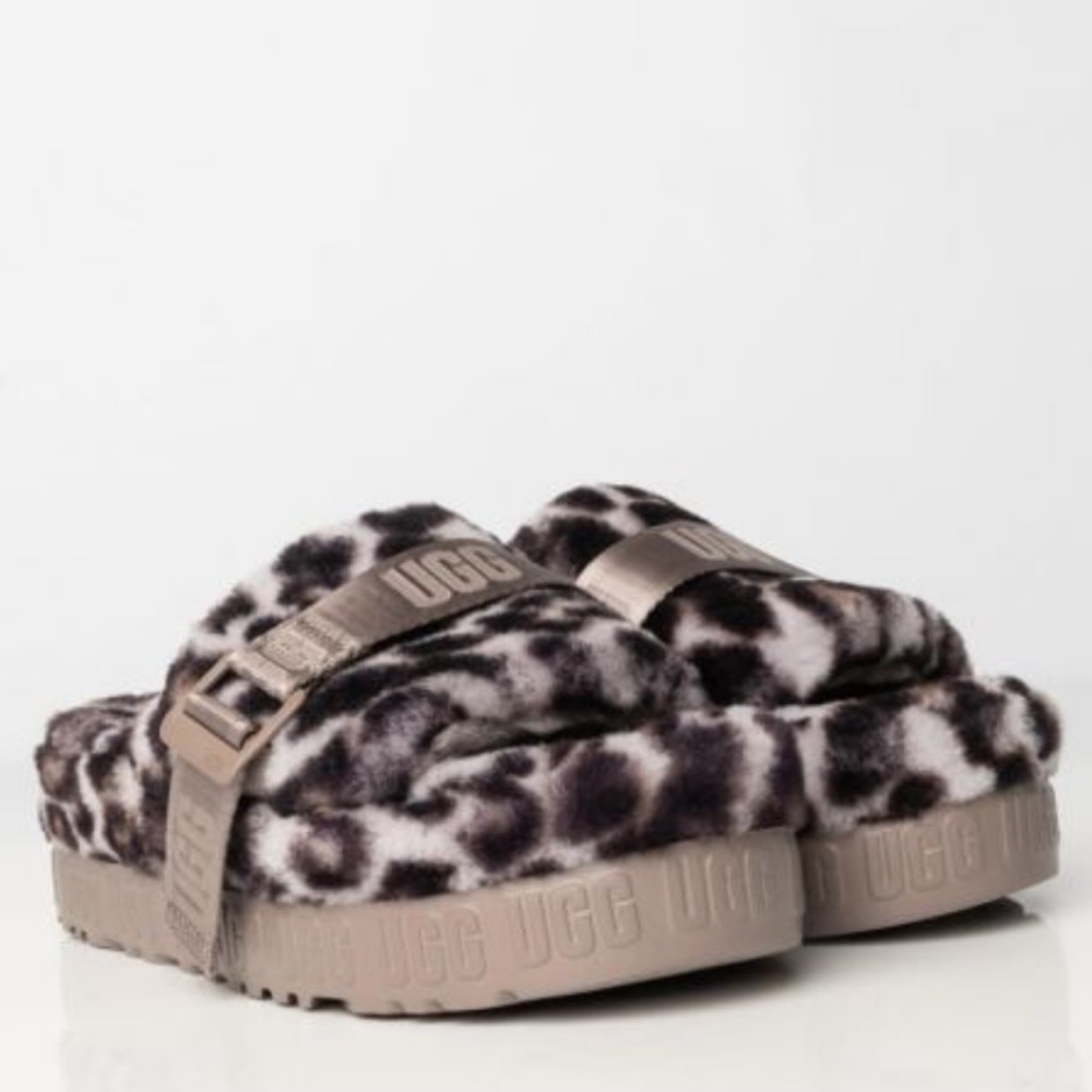 UGG Leopard Print Fluff Yeah Slide Sandal in Black and Gray - Picture 2 of 4